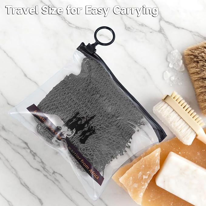 SubSahara Authentic African Net Sponge, 2 Pack 45-Inch Exfoliating Bath Sponge and Shower Loofah for Body and Back, Colorfast Quick-Dry Knotted Mesh Scrubber with Travel Pouch (Black & Grey)