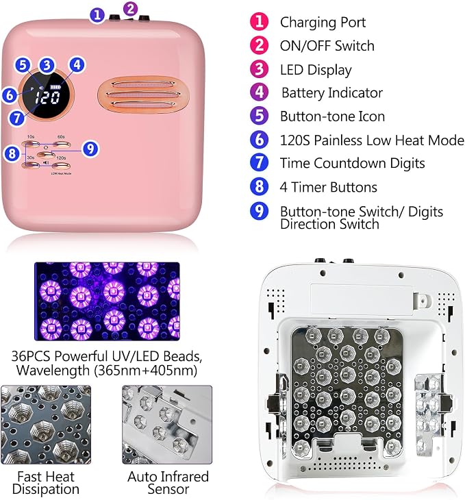 UV LED Nail Lamp for Gel Polish 72W Rechargeable Gel Nail Lamp Cordless Nail Dryer with Replaceable Light Board UV Light for Gel Nails for Home and Salon Use