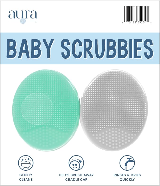 S&T INC. Cradle Cap Brush for Baby, 2 Pack, 2" x 2.5", Grey and Teal | Exfoliating and Massaging, Cleansing Brush for Baby, Silicone Bristles, Rinses Clean, Suction Cup Handle