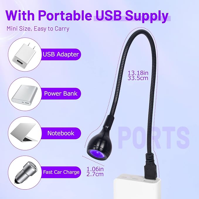 AORAEM 3W USB UV Nail Lamp with Flexible Gooseneck for Gel Nails, Black | Plug and Play, Portable Nail Dryer for Gel Polish Curing, Nail Extensions, Professional Salons and Home DIY