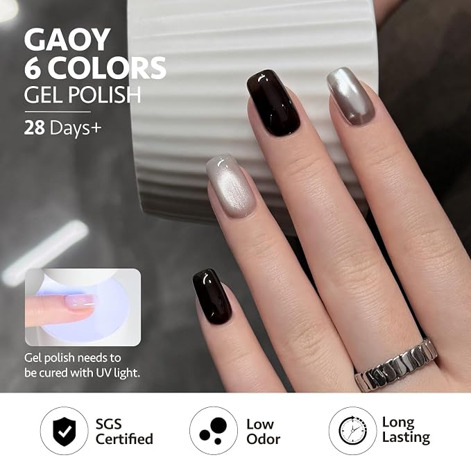GAOY Black and White Gel Nail Polish Set 6 Colors, Cat Eye Gel with Magnet | UV Lamp Required, Holographic Glitter Glass Cateye, Holiday Halloween Nail Art, Salon Gel Manicure Pedicure