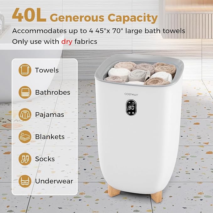 COSTWAY Towel Warmer for Bathroom, Upgraded Towel Heater with 2 Fragrant Disc Holders, Blanket Warmer with 4-Level Timer, Auto Shut Off, Fits 4 Oversized 45" x 70" Towels, Bathrobes & PJ's (40L)