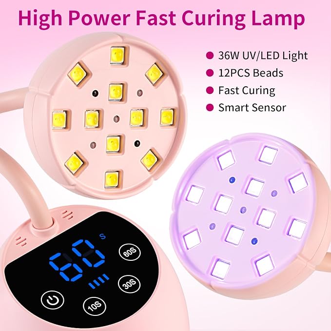 UV Nail Lamp,36W Cordless Gooseneck UV Light Gel x Flash Cure Lamp with 3 Timers and Auto Sensor for Gel Polish Nail Art(Pink)