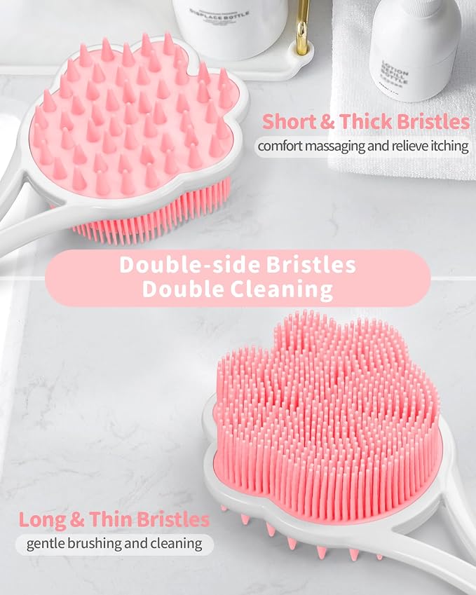 Manmihealth 15.7" Cute Silicone Body Scrubber & Face Scrubber Set PinkSet | 3 PCS Paw-Shaped Silicone Back Shower Brush & Facial Scrubber with Super-Soft Bristles Combination