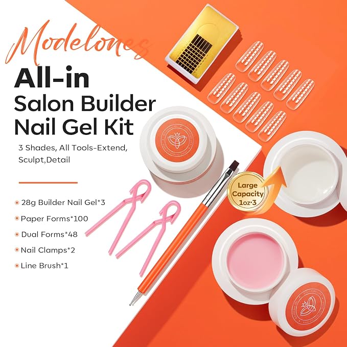 modelones Builder Nail Gel, 3 Colors Builder Hard Gel Nude Pink Clear for Overlays, Apex Building & Extensions, Sculpting Nail Kit with Dual-Ended Brush, Nail Forms, U V/LED Lamp Cured DIY Salon | Overlays, Apex Building & Extensions, Sculpting Nail Ki...