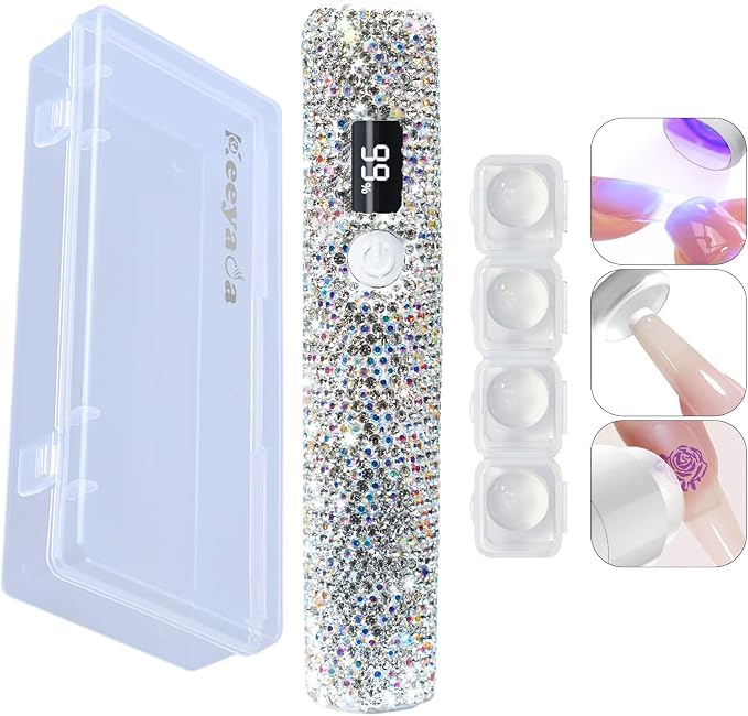 Handheld UV Light with Sparkly Rhinestones White | Portable LED Nail Lamp, Wireless USB Nail Dryer with Silicone Stamper Display Screen for Fast Curing Home DIY Manicure