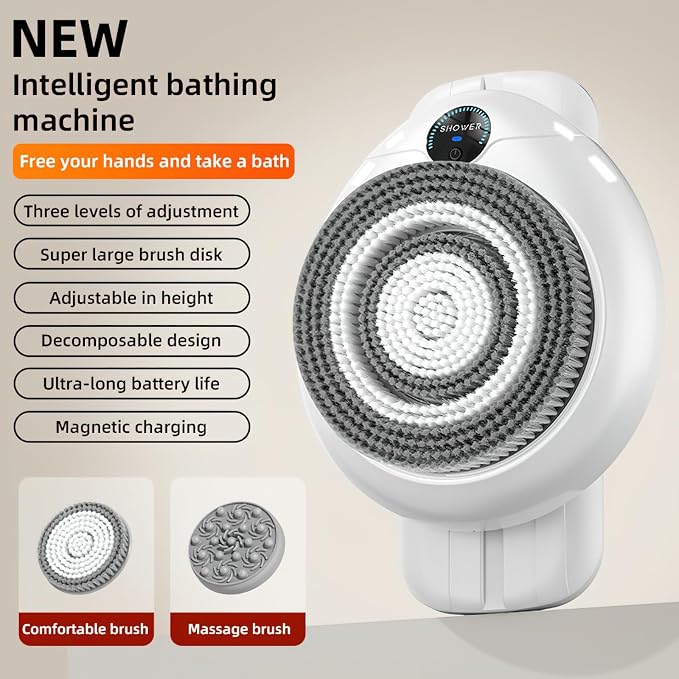 Electric Back Scrubber for Shower, Adjustable Height Shower Back Scrubber Wall Mounted, 3-Speed & 3 Replaceable Brush Heads, IPX7, Hands-Free Back Cleansing and Exfoliating Brush