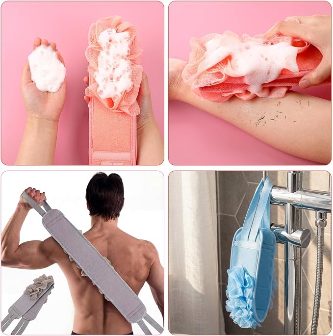 4 Pcs Exfoliating Back Scrubber for Shower Double Sided Exfoliating Washcloth with Strap Long Body Scrub Sponge Shower Loofah with Handle for Women Men Body Washing (Pastel Color)