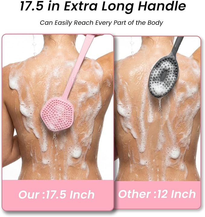 Redfly Silicone Back Scrubber for Shower Brush, 17 inch Long Handled Silicone Body Scrubber for Men & Women, Double Sided Shower Scrubber for Body Brush Exfoliator and Massage, Pink