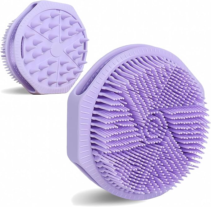 Dual-Sided Silicone Body Scrubber, Silicone Loofah for Shower Exfoliating Body Brush Scrubber for Men and Women for All Skin, Scalp Massager Lather Well＆Easy to Clean (Purple)