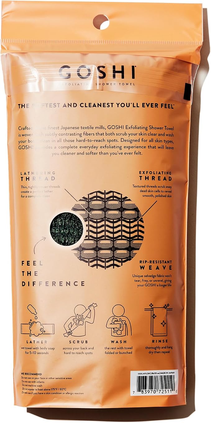 GOSHI Exfoliating Shower Towel - Long Body Scrubber, Green | For back acne, KP & smooth skin, durable quick dry nylon washcloth, ethically crafted in Gunma, Japan