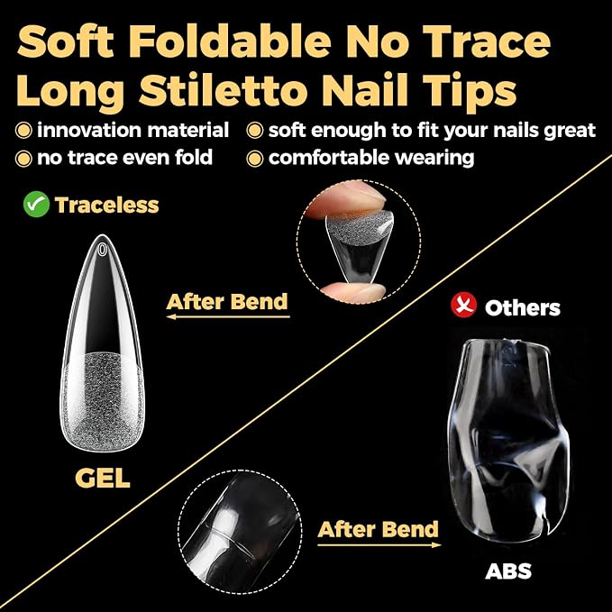UNA GELLA Long Stiletto Gel Nail Tips 600Pcs Long Stiletto Almond Nail Tips | Pre Etched Clear Fake Nails Press on Nails No C Curve for DIY Art Salon at Home 12 Sizes