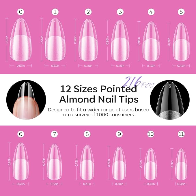Modelones Pointed Almond Nail Tips Medium Pre-shaped Soft Gel Fake Nails | Acrylic Clear Full Cover Press on Extension Kit Gel Manicure DIY at Home 216PCS 12Sizes