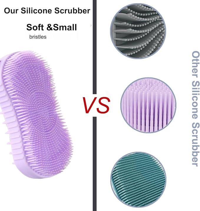 Silicone Body Scrubber, Double Sided Exfoliating Brush with Soft Flexible Bristles, Scalp Massage and Shampoo Tool with Hanger Loop (Lavender)