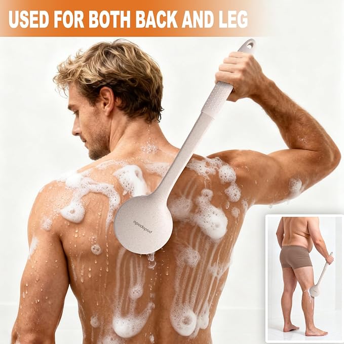 Long Handle Back Scrubber for Shower with 3 Interchangeable Heads-Beige | Ergonomic Handle,Silicone Grip,Gift Box,Use for Back and Full Body,Cleansing and Exfoliating,Made from Wheat Straw