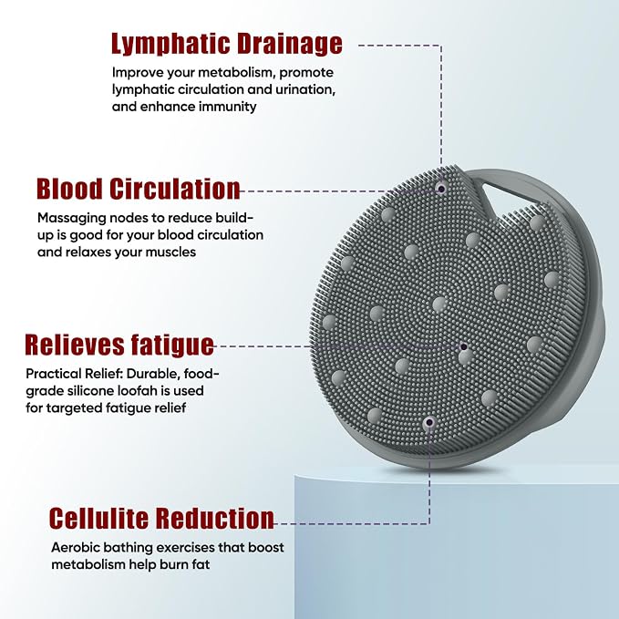 Silicone Body Scrubber -Anti Zinc Infused Exfoliating Body Scrubber | Anti Slip Silicone Loofah,Stiff & Soft Bristles for Cellulite Reduction,Blood Circulation- Gray
