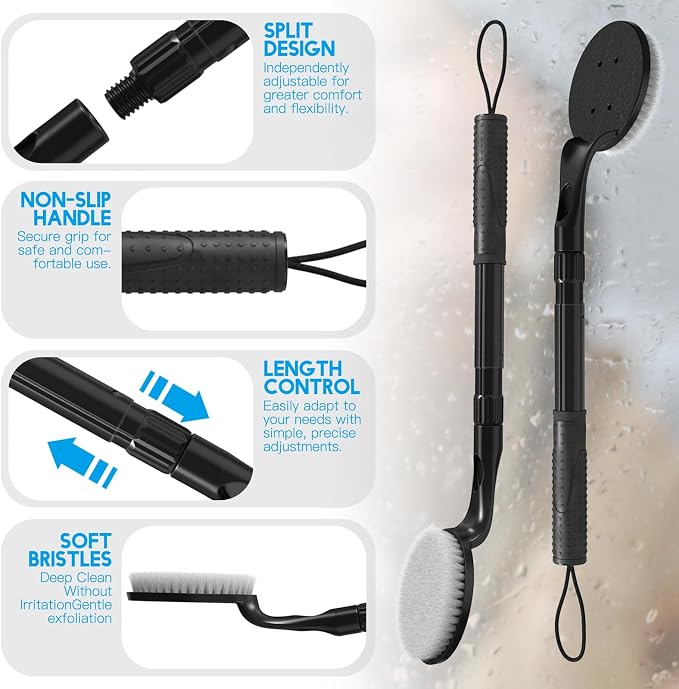 Long Handle Back Scrubber for Shower, 25.7” Telescopic Anti-Slip Bath Brush, Easy Reach Back Cleaner for Exfoliating Dead Skin, Great for Elderly, Disabled & Hard-to-Reach Areas