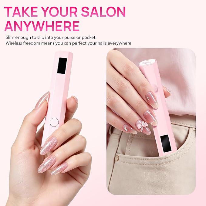 Krofaue Handheld UV Nail Lamp, 180mAh Rechargeable, 20/60s Timer, LCD | Mini portable, 3W fast curing, 180mAh battery, 40 mins cordless use, 20s/60s timers, for gel polish, home DIY, salon, travel