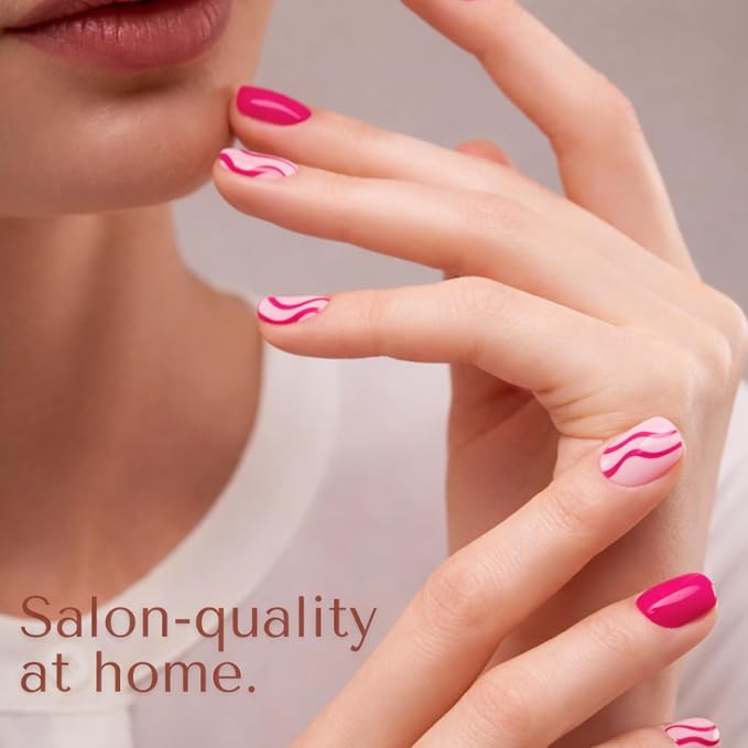 Semi Cured Gel Nail Strips Stickers Wraps | UV Nail Polish That Pops In Color (Pink Swirl) For Women & Short Nails & Long Nails (Ami Amour)