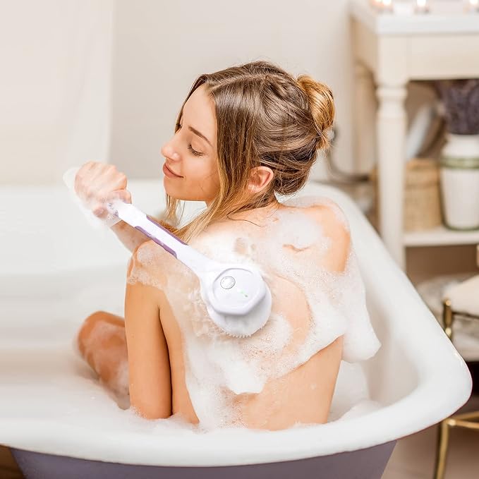 SoulBay IPX7 Electric Body Brush with 17" Handle, 5 Brush Heads | Rechargeable Spin Scrubber, Extra Long Reach Back Scrubber, Exfoliating, For Shower Bathing, Deep Body Cleansing