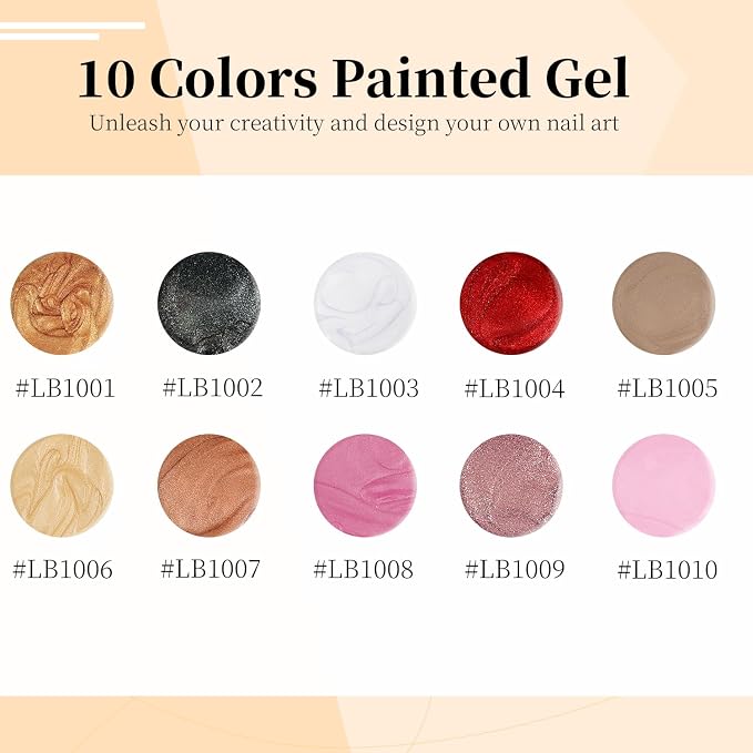 JODSONE Nail Art Gel Liner Set 10 Colors Glitter Red Black Pink Gel Nail polish Need U V Lamp Cured with Thin Brush at Home Salon Design,Gifts for Women