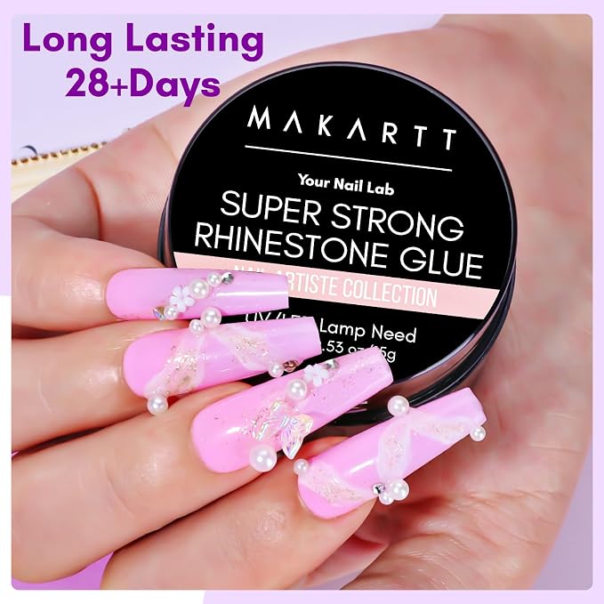 Makartt Nail Charm Glue: High Viscosity Gem Glue for Large Charms 15ml | 30-Day Hold, Extra Thick support gel for 5mm+ Crystals, Stones, 3D Nail Decor, Flash Cure Before Full UV Cure, DIY Salon Use