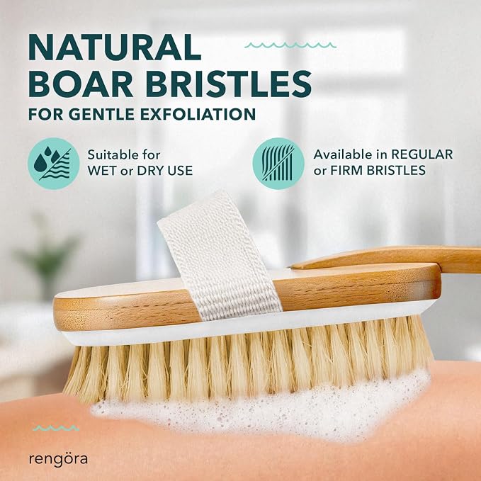 Back Scrubber for Shower - 20" Long Handle Shower Brush - Natural Bristle Back Brush – Ergonomic Handle + Silicone Anti-Slip Grip - Great Gift Idea - Men, Women + Seniors Love This (Firm Bristles)