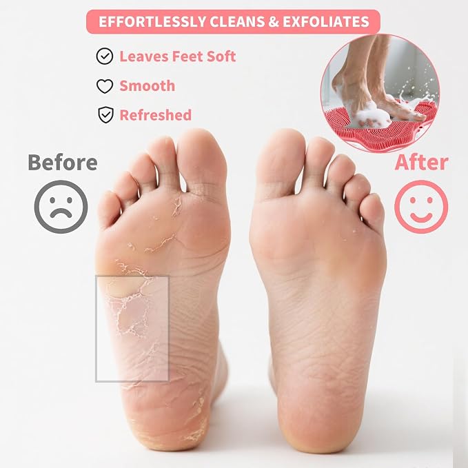 Foot Scrubber in Shower, Shower Foot Scrubber Mat,Silicone Body Scrubber,Back Scrubber with Suction Cups,Shower Body Deep Cleaning Foot Brush Exfoliating Massage Cleaner(Pink)