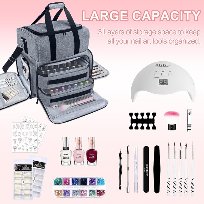 Nail Polish Organizer 3 Layers Holds 70 Bottles (15ml - 0.5 fl.oz) Portable Gel Nail Kit Organizer Case for Nail Lamp Travel Nail Supplies Bag with 2 Removable Nail Polish Holder Pouches (Gray)