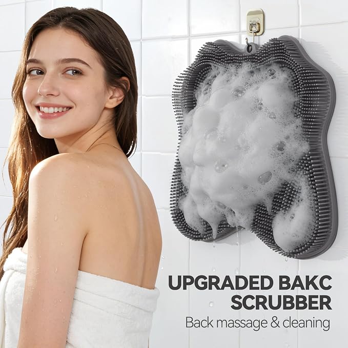 ozner Silicone Shower Foot Scrubber Mat, Back Washer Bath Wash Pad Exfoliating & Massage, Wall Mounted Slip Strong Suction Cups for Use in Cleaner Men and Women (Grey)