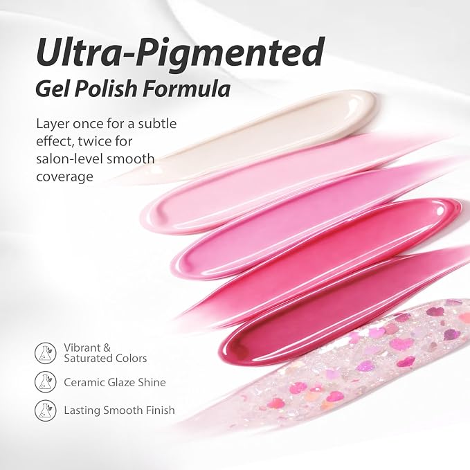 Makartt Pink Gel Nail Polish Set 15ML : 6 Pink Rose Colors | Large Capacity, High-Gloss, One-Coat Coverage, Love-Heart Glitter White Rose Red, UV/LED Lamp Required, Home & Salon DIY