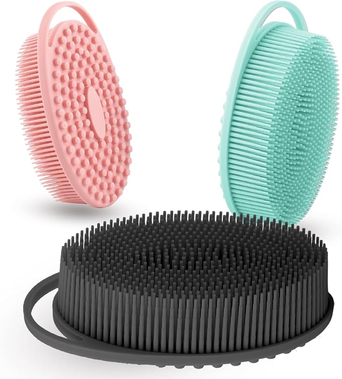 Silicone Body Scrubber 3 Pack Silicone Loofah Exfoliating Body Scrubber Soft Silicone Shower Brush with Handle Double Sided Bath Body Brush for Women Men Cleaning Massage Sensitive Skin, Lather Well