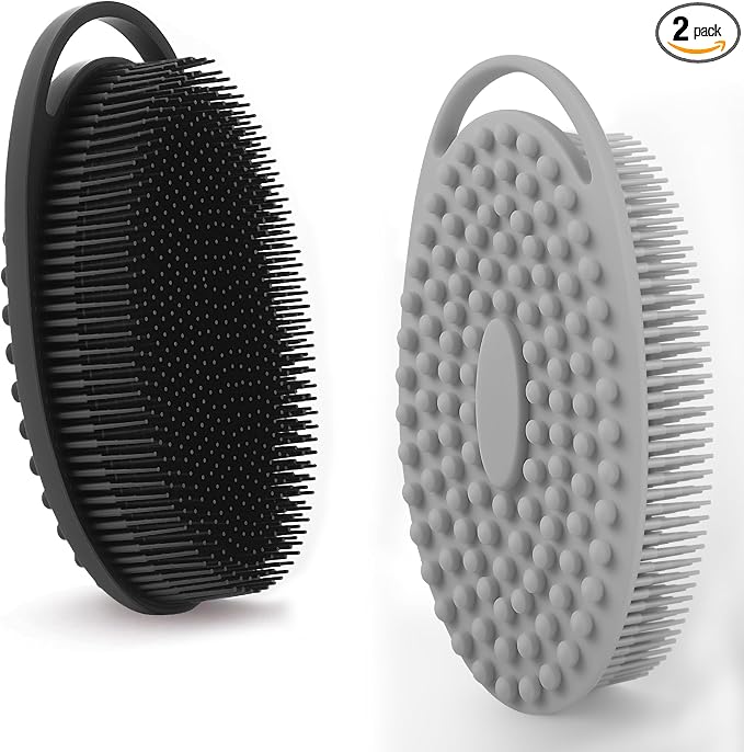 2 Pack Silicone Body Scrubber for Shower - Soft & Gentle Loofah Alternative for Sensitive Skin, Quick-Drying & Hygienic Body Wash Scrubber Brush for Men, Women & Kids (Black & Gray)