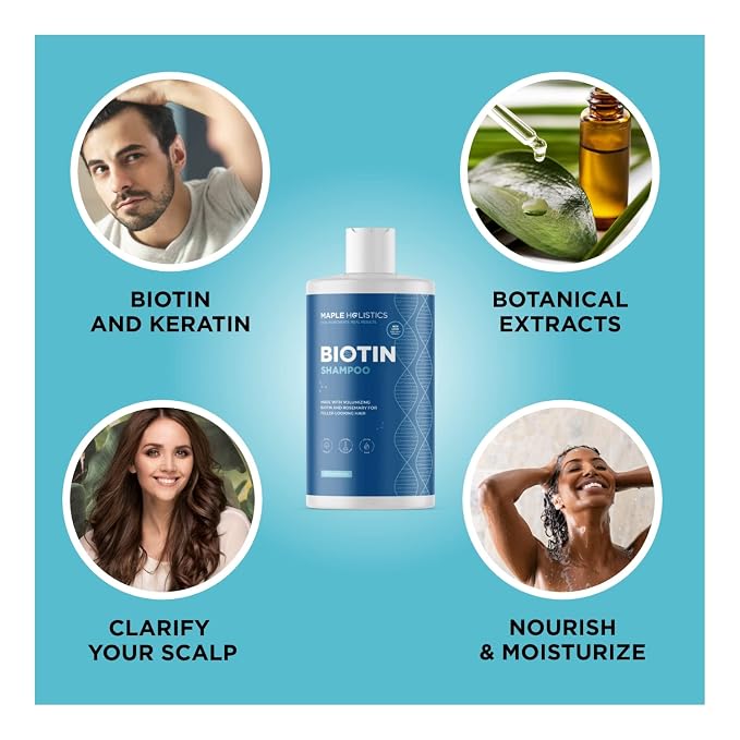 Biotin Shampoo with Scalp Scrubber Set - Hair Shampoo Brush and Silicone Scalp Exfoliator with Volumizing Shampoo Set made with Rosemary Essential Oil and Biotin for Thinning Hair 16 oz
