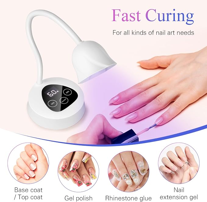 UV LED Nail Lamp, 30W Rechargeable Mini UV Light | 2 Timers & Auto Sensor, Fast Curing, Gooseneck Design, For Home DIY Manicure