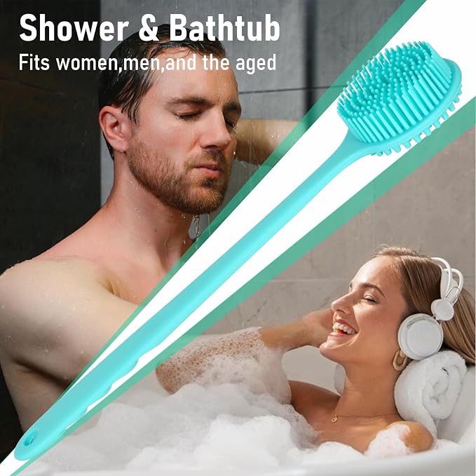 KXF Silicone Back Scrubber for Shower Bath Body Brush with Long Handle Double Sided Exfoliating Shower Brush with a Hook and a Lanyard