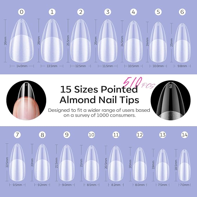 Modelones Pointed Almond Nail Tips 510pcs Medium Clear Fake Press on Nails | Half Matte Full Cover Clear Acrylic Gel False Press on Nails for Extension DIY Salon 15Sizes