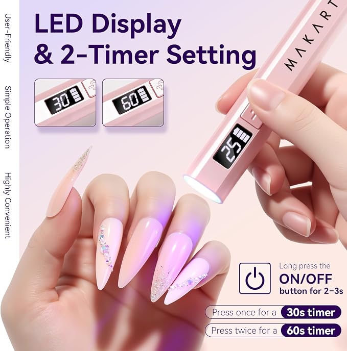 Makartt Handheld UV Light for Gel Nails Flash Cure for Gel-X Tips Nail Glue | Rechargeable Cordless Mini UV Nail Light with LCD Display for Fast Curing Gel Polish, DIY Nail Art, Home and Salon Use, Pink
