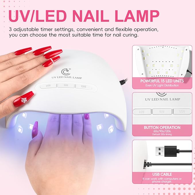 58PCS Acrylic Nail Kit for Beginners with Everything, 3 Colors Professional Acrylics Powder with Drill and U V Light 24pcs Glitter Decoration Complete Acrylic Nail Set Home Salon Design Gift Set
