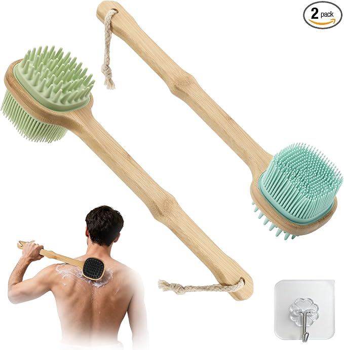 Silicone Back Scrubber for Shower, 2 PCS Silicone Bath Body Brush Loofah with Long Handle, Dual-Sided Shower Brush for Body, Exfoliating Body Scrubber Back Washer for Men Women(Lake Blue +Green)