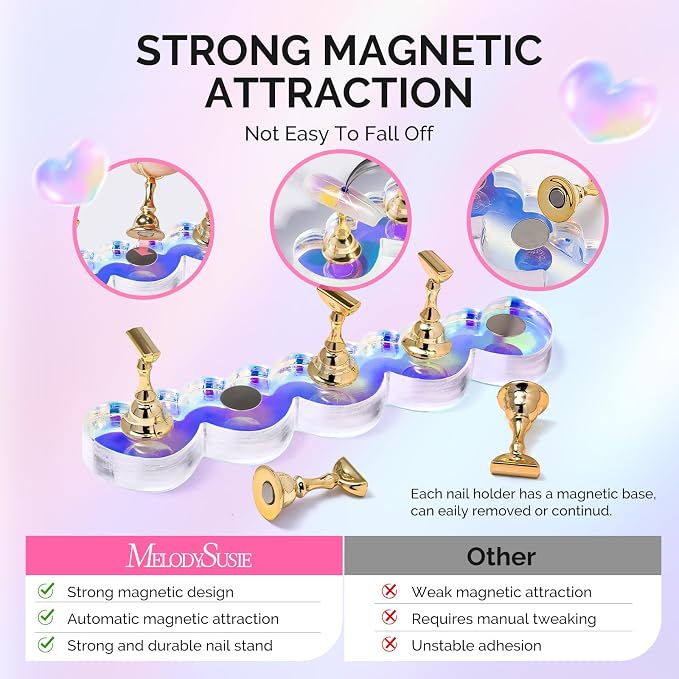MelodySusie Nail Stand for Press Ons, 2 Sets Blue Heart Shape Acrylic Magnetic Base for Practice Display with Brush Holder and 100 Pcs Reusable Double-Sided Tape for Home DIY Salon Supplies
