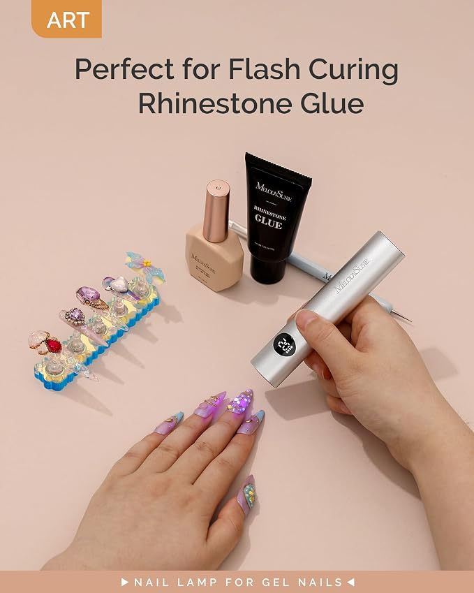 MelodySusie Handheld Flash Cure Nail Lamp P-ART01G Cordless Mini Nail Light | Optical Lens Enhance Spot Cure Builder Glue & Gel-X Tips, 20s/60s Timer, LCD Display, 450mAh Battery