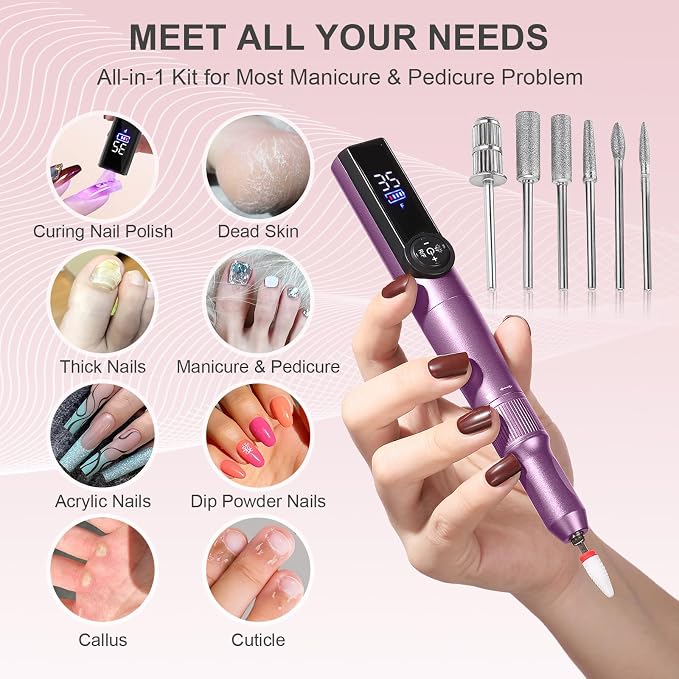 Electric Nail Drill Rechargeable Professional,2 in 1 Nail Grinder & UV Lamp Combo,35000 RPM,Portable Cordless Nail File Machine for Acrylic Nails,Gel Polishing,Shaping Nails,Manicure Art Tools