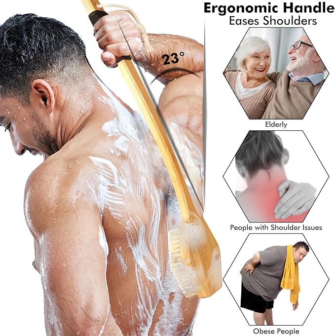 NORTHSONG Body Brush Back Brush Shower Brush Back Scrubber for Exfoliating | Large Head Bath Brush,17.72"Extra-Long Curved Bamboo Handle,100% Boar Bristles,ideal for Elderly,Shoulder Pain,Gift Ready