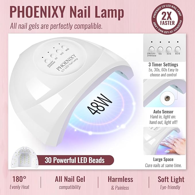 phoenixy 45 Colors Gel Nail Polish Kit with UV/LED Nail Lamp | 64 PCS Gel Nail Kit Nail Kit with Nail Lamp Base Coat & 4 Effect Top Coat Perfect for Beginner