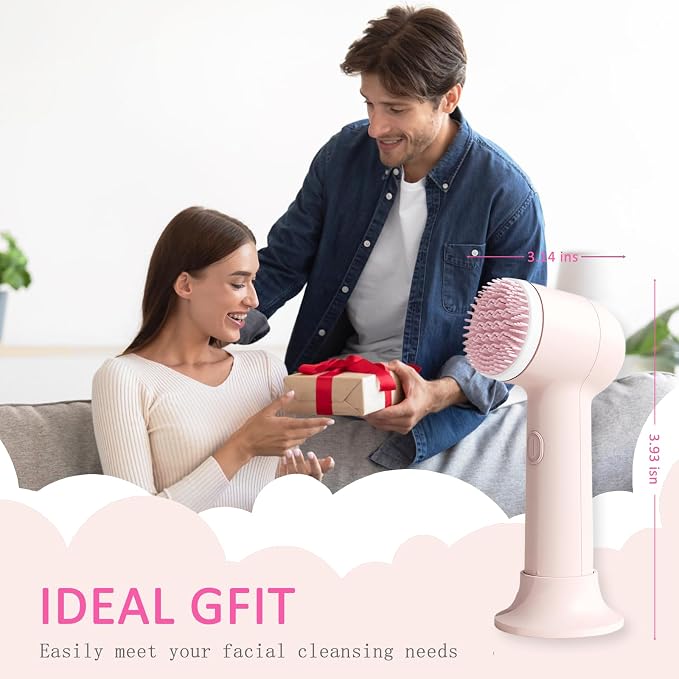 Electrical Facial Cleansing Brush, Multi-Function Face Wash Brush with Base and 2 Brush Heads, Portable Face Scrubber for Deep Skin Cleaning and Gentle Exfoliating (Pink)