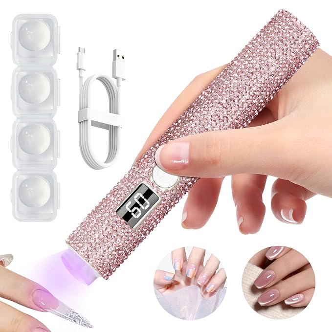 Handheld UV Light for Gel Nails, Glitter UV Nail Lamp, Cordless Portable Mini Gel Nail Lamp for Fast Curing, Rechargeable LCD Polish Nail Dryer for DIY Manicure Decor - Pink Diamond