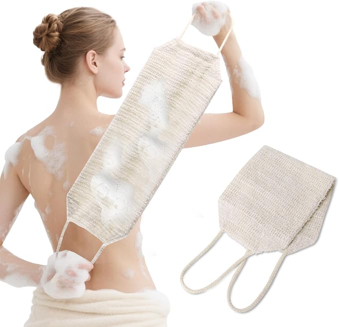 35.5" Long Exfoliating Washcloth Shower Loofah with Handle for Women, Natural Body Scrubber Back Cleaner for Shower, Double Layer Extra Rough Bath Scrubber for Body