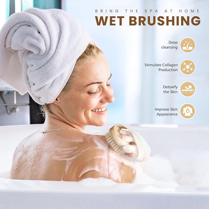 POPCHOSE Dry Brushing Body Brush, 2 Pack Boar Bristle Exfoliating Brush | Body Scrub for Smoother Skin: Supports Cellulite Treatment, Lymphatic Drainage and Blood Circulation Improvement