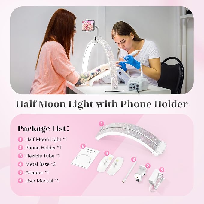 Yokilly Half Moon Light for Nail Desk: 23" Foldable Nail Light for Desk | AB Diamonds Arch Nail Tech Light with Phone Holder for Beginner - 3 Color Modes & 10 Brightness for Manicure Salon-White